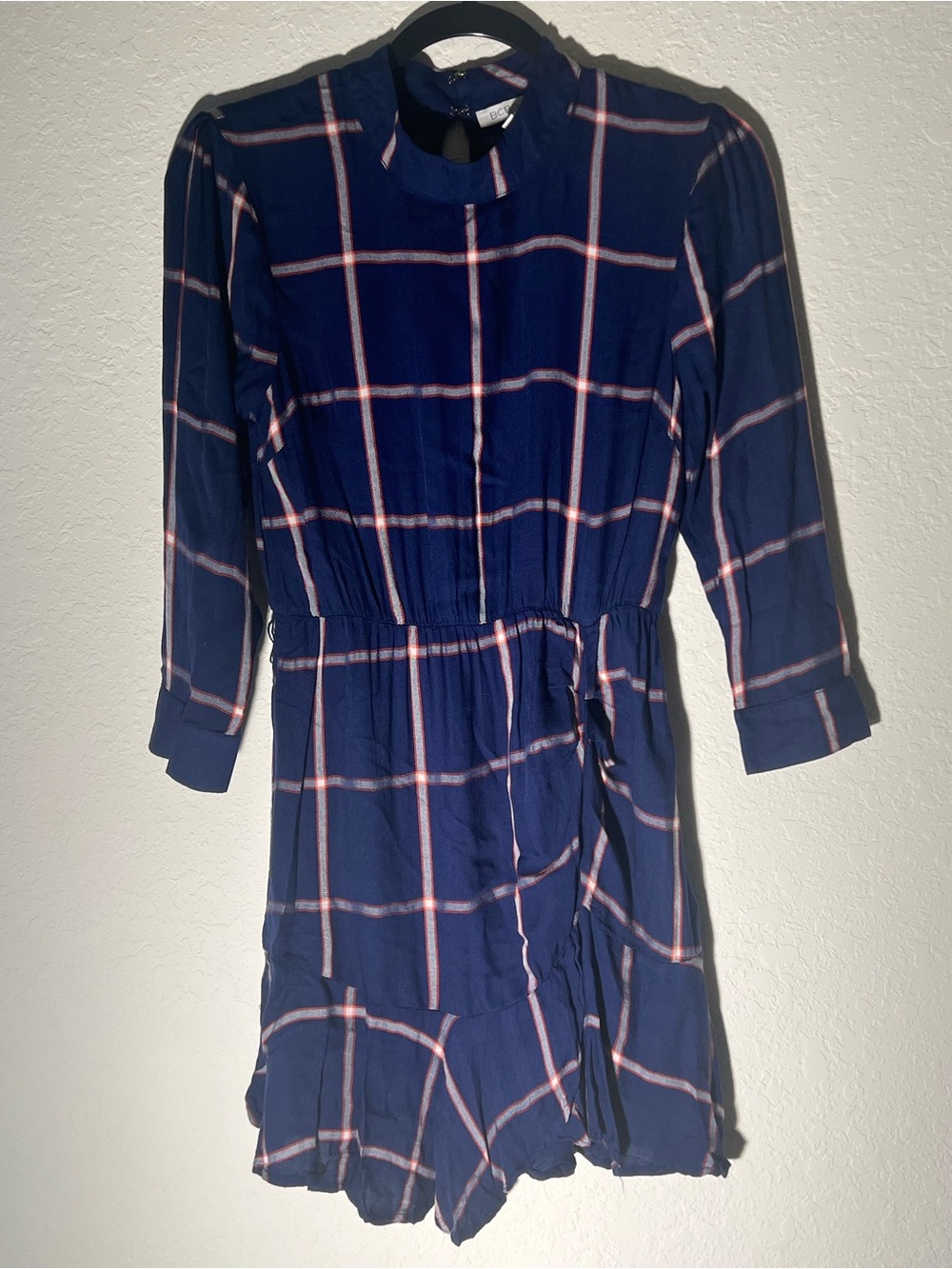 BCBGeneration Navy Plaid Long-Sleeve Tie-Waist Dress
